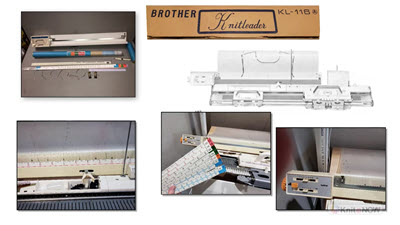 Collage showing multiple views of the Brother KR116 Knit Leader accessory, a pattern charting device used with Brother knitting machines to create garments from pattern drawings