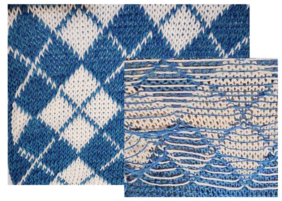 Fair Isle knitting sample showing the knit side and purl side with yarn floats visible on the back