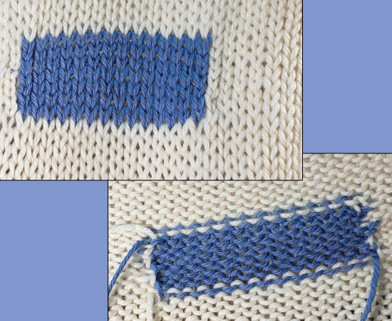 Intarsia knitting sample showing front and back with clean color changes and no yarn floats