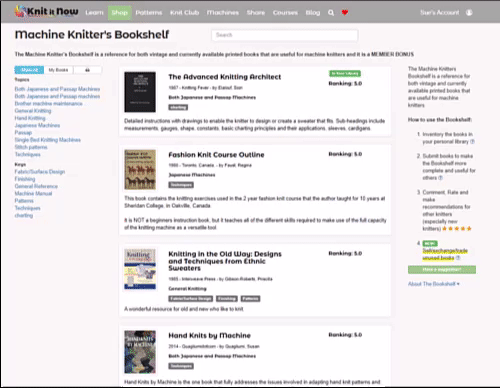 Animated view of the Machine Knitters Bookshelf interface